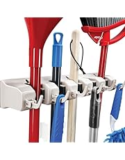 Home- It Mop and Broom Holder, 5 position with 6 hooks garage storage Holds up to 11 Tools, storage solutions for broom holders, garage storage systems broom organizer for garage shelving ideas