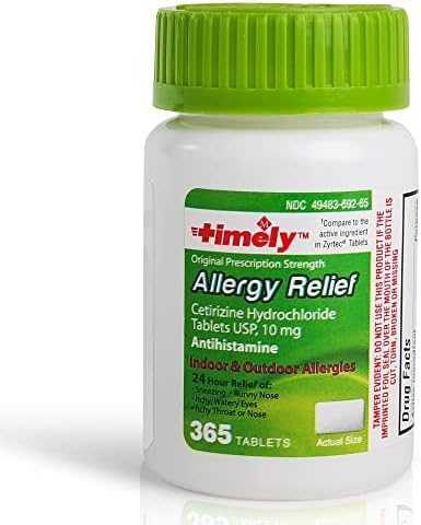 TIME-CAP LABS, INC. Timely Cetirizine HCl 10 Mg 365 Tablets - Compared to Zyrtec Active Ingredient Tablets – 24 Hour Allergy Relief from Sneezing, Runny Nose, Itchy Watery Eyes, Itchy Throat or Nose