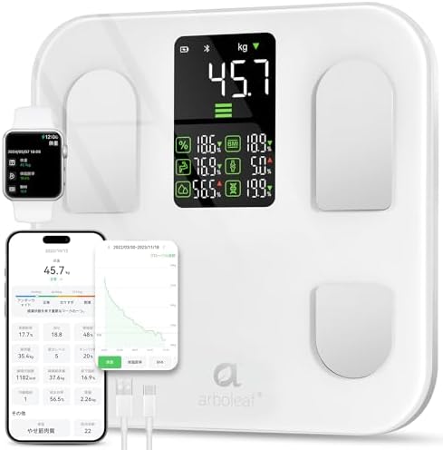 arboleaf 体重計 【2024新登場】 体脂肪計・体組成計 スマホ連動 Bluetooth対応 Smart Scale Pro ヘルスメーター 【アプリ対応/apple watch/GoogleFit/Fitbit/appleヘルスケア連携/体重/体脂肪率/筋肉量/BMI・15項目/登録者無制限/自動認識/高精度】Type-Cケーブル付き 一年メーカー保証