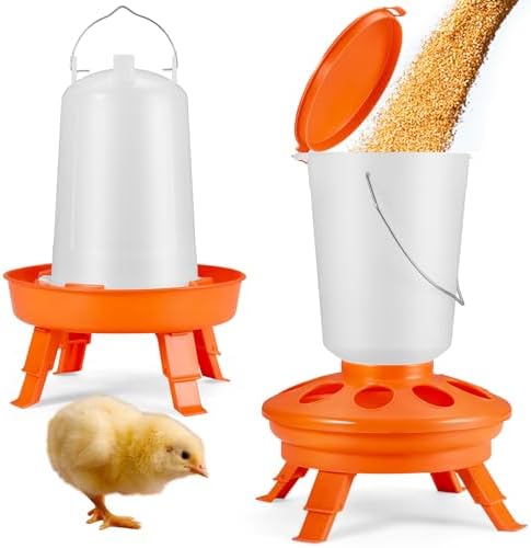 Chick Feeder and Waterer Set,Top Fill with Snap-Locking Hinged Lid,3.8LB Small Chicken Feeder,0.4Gal Baby Chick Waterer,3 Adjustable Heights,Baby Chick Starter Kit for Brooder,Duckling Quail Poultry