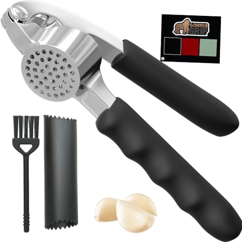 Gorilla Grip Garlic Press and Peel Set, Heavy Duty Mincer Tool, Easily Mince and Crush Garlics, Ginger, Nuts, Seeds, Large Ergonomic Handle, Peeler Included for Peeling Cloves, Kitchen Gadgets, Black