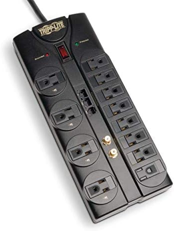 Tripp Lite 12 Outlet Surge Protector Power Strip, 8ft Cord, Right-Angle Plug, Tel/Modem/Coax/Ethernet Protection, RJ11, RJ45, & $250,000 INSURANCE (TLP1208SAT) Black