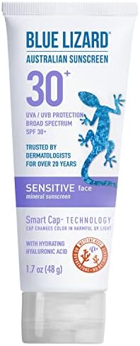 Blue Lizard SENSITIVE FACE Mineral Sunscreen with Zinc Oxide and Hydrating Hyaluronic Acid, SPF 30+, Water Resistant, UVA/UVB Protection with Smart Cap Technology - Fragrance Free, 1.7 oz.