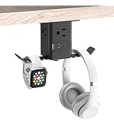 JUNNUJ 20W USB C Power Strip with Headphone Stand, Under Desk Screw Mount Surge Protector with He...