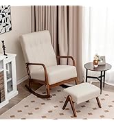Giantex Rocking Chair with Ottoman, Upholstered Rocker Chair with Solid Rubber Wood Frame, Linen ...