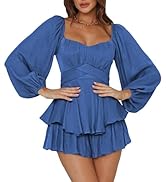 Fixmatti Women off Shoulder Rompers Lantern Long Sleeve Ruffle Tie Mini Shorts Jumpsuit