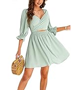 Women Tie Back Puff Sleeve Dress Sage Flowy Reversible A-Line Ruffle Wrap Casual Mini Dress with ...