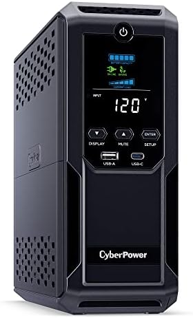 CyberPower CP1500AVRLCD3 Intelligent LCD UPS System, 1500VA/900W, 12 Outlets, 2 USB Ports, AVR, Mini Tower, Black