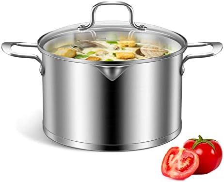 9L Stainless Steel Stock Pot with Glass lid, Induction Soup Cooking Pot with Pour spout, Scale Engraved Inside, Compatible with All Heat Sources, Dishwasher Oven Safe