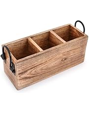 Samhita Mango Wood Cutlery Holder Caddy Organizer Wooden Utensil Storage Organizer Countertop for Silverware Fork Spoon Spatula 3 compartments (11&#34; x 4&#34; x 4.5&#34;)