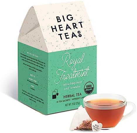 Big Heart Tea Co. Tea Bags - Royal Treatmint Lavender Mint - Certified Organic, Ayurvedic Herbal Decaf Tea in Zero Plastic Sachets - Small Batch Ground Herbs, Adaptogenic Tulsi, Ginkgo Leaf, 10 Tea Bags