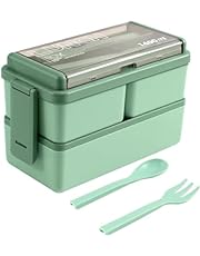 Lunch Box, 1400ml Bento Box with Spoon Fork, Stackable 2 Layer 3 Compartments Leak Proof, Meal Prep Container for Adults Kids Students Office Microwave Dishwasher Safe