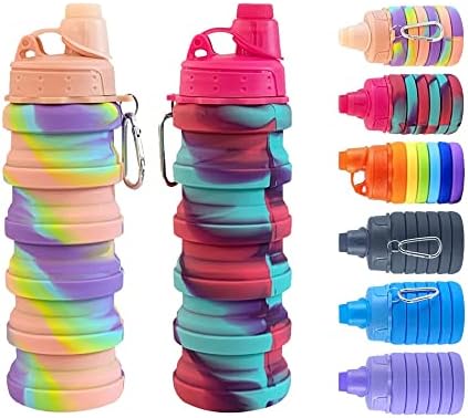 konlongzan Collapsible Water Bottles 2 pack Travel Water Bottle Portable Hiking Water Bottle with Leak proof 500ML Reusable BPA Free Silicone Water Bottles. (Pink+Rose Red)