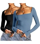 Abardsion 2 Piece Square Neck Tops for Women Slim Fit Double Layer Fall Long Sleeve Crop Top T Sh...