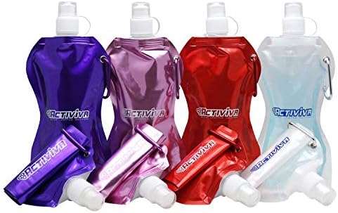 Activiva USA Merchant | Collapsible Reusable Water Bottle with Carabiner Clip Light Weight Leak Proof Foldable Drinking Water Bottle Non Toxic BPA Free - 16.9 oz 4 Pack (Pink, Purple, Red, Clear)
