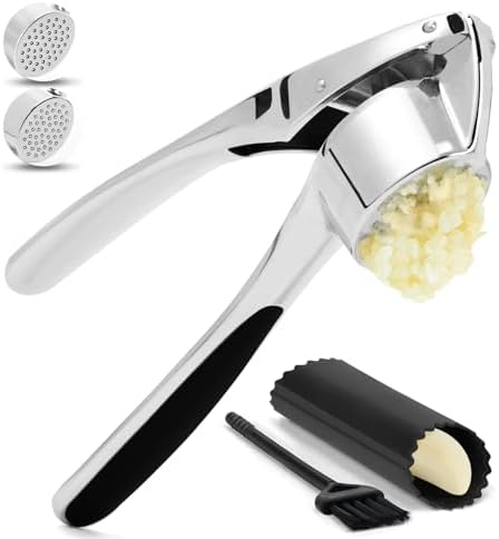 CUNSENR Garlic Press with Silicone Peeler & Brush - Garlic Mincer Tool - Easy to Use & Clean - Garlic Crusher - Rustproof Garlic Smasher - Dishwasher Safe - Press Garlic with Ease (Bright,Silver)