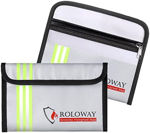 ROLOWAY Small Fireproof Bag (5 x 8 inches) with Reflective Strip, Non-Itchy Fireproof Money Bag, Fireproof Wallet Bag, Cash Fireproof Bag Set for Valuables - Passport, Currency & Keys (2-Pack Silver)