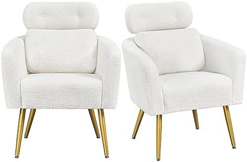 Yaheetech Accent Chair, Cozy Living Room Chair with Adjustable Headrest, Boucle Vanity Chair with Lumbar Pillow and Golden Legs, Modern Armchair for Bedroom Lounge Waiting Room Office, White, 2 Pieces