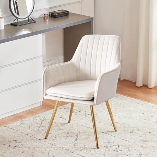 Altrobene Velvet Accent Chair, Living Room Bedroom Arm Chair, Home Office Desk Chair, Modern Dinging Chair, Girls Vanity Chair, Golden Finished, Beige