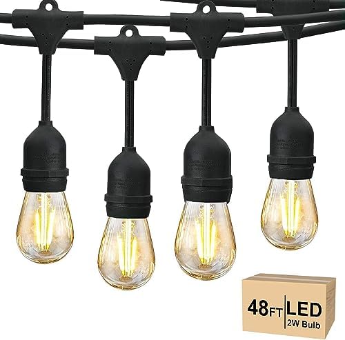Svater 48FT Outdoor String Lights 2W, Commercial Grade Patio Lights with 15pcs Edison Shatterproof Bulbs, IP65 Waterproof LED Hanging Lights for Bistro Cafe and Pergola