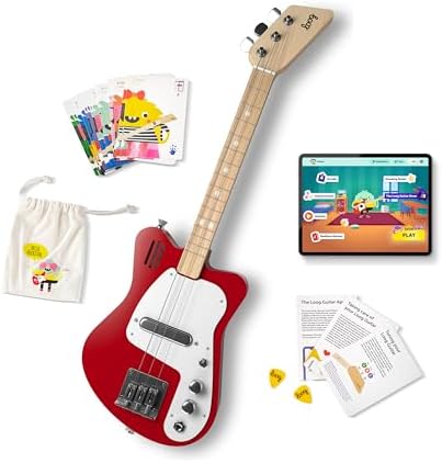 Loog Mini Electric kids Guitar for Beginners built-in Amp Ages 3+ Learning App and Lessons Included Red