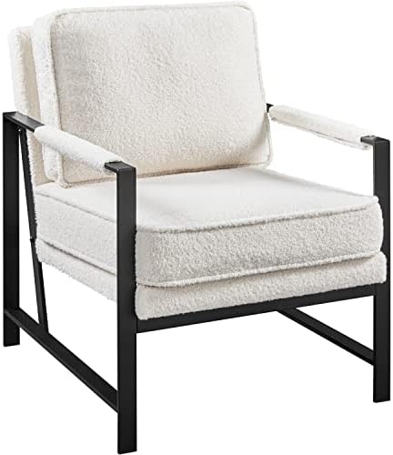 Yaheetech Teddy Boucle Fabric Armchair, Retro Leisure Accent Chair with Extra Soft Padded and Cushion, Modern Reading Arm Chair with Black Metal Frame for Living Room/Office/Bedroom/Study, Ivory