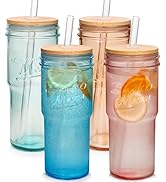 ANOTION Colored Glass Cups with Lids and Straws - 24oz Travel Coffee Mug Wide Mouth Mason Jar Ice...