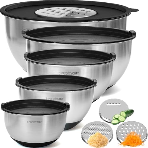 Priority Chef Stainless Steel Mixing Bowls with Lids Set, 3 Grater Attachments, Airtight Lids, Non-Slip Silicone Base Mixing Bowl Set, Large Prep Metal Mixing Bowls for Kitchen, Black