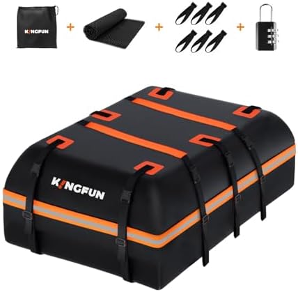 Kingfun Car Rooftop Cargo Carrier Bag - Waterproof 20 Cubic Feet Car Roof Luggage Carrier for All Vechicles with/without Racks, includes Anti-Slip Mat, 8 Reinforced Straps, 6 Door Hooks, Luggage Lock
