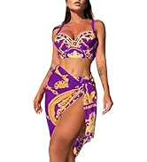 Narecte Women's 3 Piece Swimsuits BohoFeel Print Bikini Set with Cover Up Skirt Sexy Swimsuit Bat...