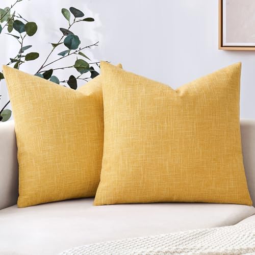 MIULEE Pack of 2 Mustard Yellow Faux Linen Throw Pillow Covers Square Rustic Farmhouse Decorative Burlap Pillowcases Cushion Covers for Couch Bed Sofa Living Room 18x18 Inch