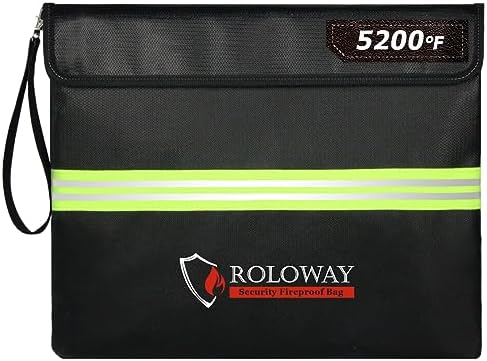 ROLOWAY Fireproof Document Bag (14 x 11 inch) with 5200℉ Upgraded Aluminum Foil Layer, Fireproof Bag for Documents with Reflective Strip, Fireproof Money Bag for Cash Safe with Zipper (Black)