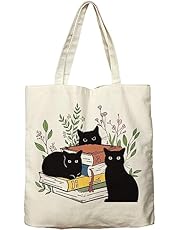 Dlzdn Black Cat Canvas Tote Bag For Women Aesthetic Cute Cat Floral Book Tote Bag Shopping Grocery Bag Beach Bag Gifts for Women Teacher Bag Reusable Grocery Bag