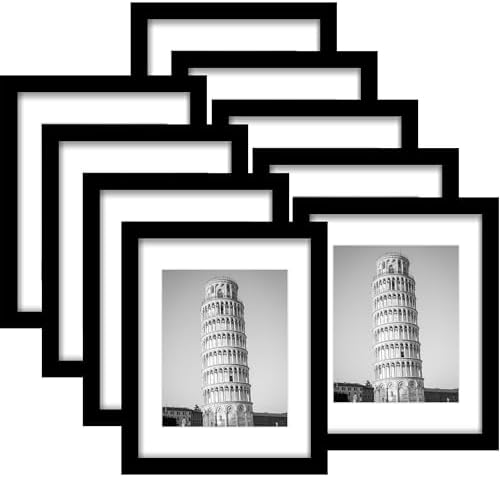 Wiscet11x14 Picture Frame Set of 9, Display Pictures 8x10 with Mat or 11x14 Without Mat, Photo Frame for Wall Mounting or Tabletop Display, Black.