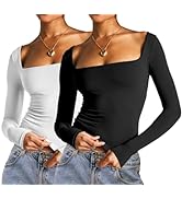 Abardsion 2 Piece Square Neck Tops for Women Slim Fit Double Layer Fall Long Sleeve Crop Top T Sh...