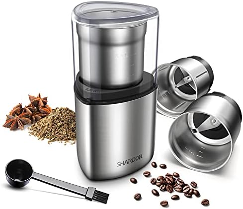 SHARDOR Coffee Grinder Electric Herb/Wet Grinder for Spices and Seeds with 2 Removable Stainless Steel Bowls, Silver