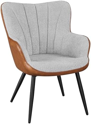 Yaheetech Accent Chair, Modern Fuzzy Boucle Fabric and Faux Leather Armchair, Upholstered Vanity Chair with High Curved Back and Metal Legs for Living Room Makeup Bedroom, Gray/Retro Brown