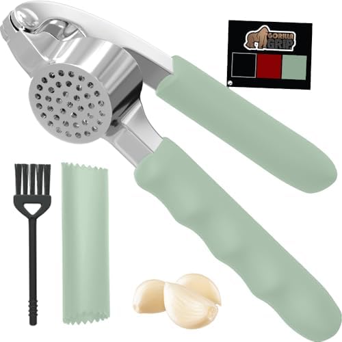 Gorilla Grip Garlic Press and Peel Set, Heavy Duty Mincer Tool, Easily Mince and Crush Garlics, Ginger, Nuts, Seeds, Large Ergonomic Handle, Peeler Included for Peeling Cloves, Kitchen Gadgets, Mint