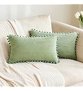 MIULEE Boho Decorative Throw Pillow Covers with Pom-poms, Soft Corduroy Square Solid Lumbar Cushi...