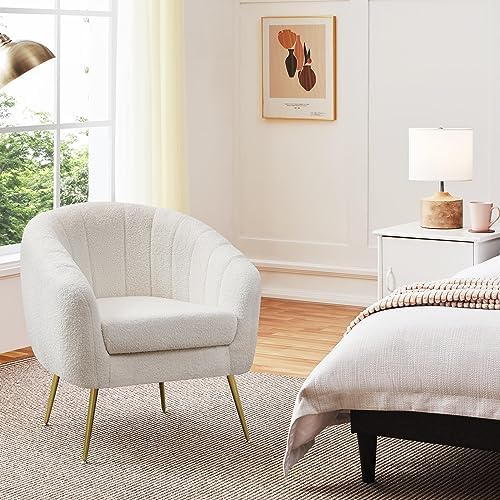 Yaheetech Sherpa Fabric Accent Chair, Modern Cozy Vanity Chair with Gold Metal Legs, Boucle Fabric Armchair with Removable Seat Cushion for Living Room Bedroom Office Guest Room, Ivory