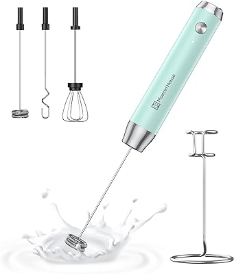 Maestri House Rechargeable Milk Frother with 3 Heads, Handheld Electric Foam Maker Waterproof Detachable Stainless Steel Whisk Drink Mixer Foamer with Stand for Lattes, Cappuccino, Egg