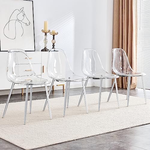 Baysitone Clear Dining Chairs Set of 4, Modern Kitchen Chairs with Transparent Seat, Acrylic Accent Side Chairs with Metal Legs for Dining Room, Kitchen, Living Room with Silver