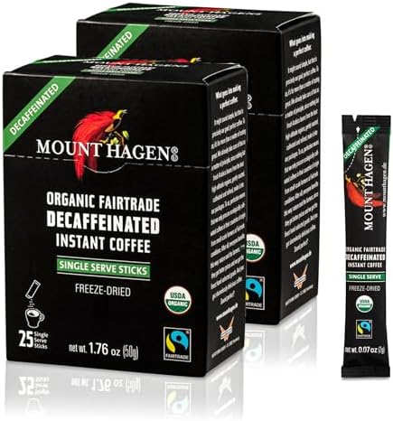 Mount Hagen 25 Count Single Serve Instant Decaf Coffee Packets - 2 Pack | Decaffeinated Organic Medium Roast Arabica Beans | Eco-friendly, Fair-Trade [2 x 25 sticks/1.76oz/50g]