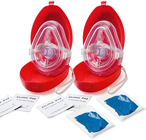 EMS XTRM Medical CPR Mask - CPR Pocket Resuscitator Mask, Oxygen Inlet, Elastic Head Strap, Clamshell Case, Antiseptic Prep Pads, and Gloves - Suitable for Adults/Child - 2 Pack