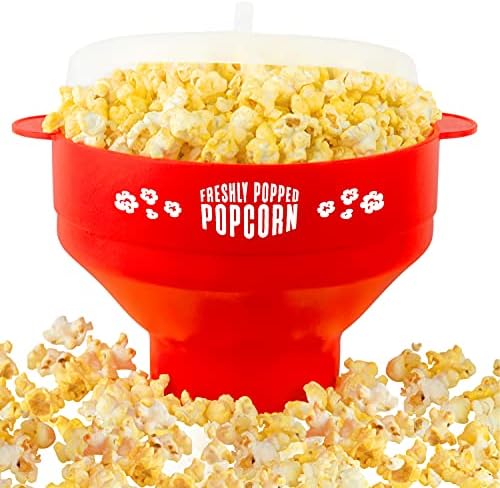 Silicone Microwave Popcorn Popper (Red) Air Popper Popcorn Maker No Oil Required, Collapsible Pop-Corn bowl with Lid, Reusable, BPA-Free, Dishwasher Safe