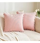 MIULEE Boho Decorative Throw Pillow Covers with Pom-poms, Soft Corduroy Square Solid Lumbar Cushi...