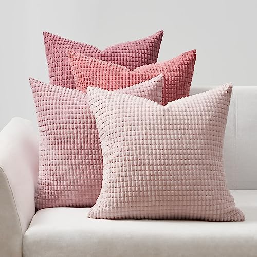 Topfinel Aesthetic Pink Room Decor Throw Pillows Covers for Couch Living Room Bedroom, Coquette Room Decorative Fluffy Corduroy Cushion Cover 18x18 Inch Set of 4 (Blush/Rose/Hot Pink)