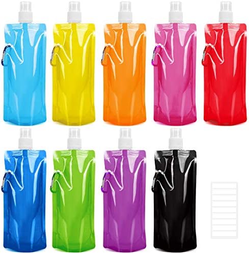 TOMNK Collapsible Water Bottle, 9pcs Reusable Canteen Foldable Drinking Water Bags with Clip for Sports, Biking, Hiking Travel, 9 Colors