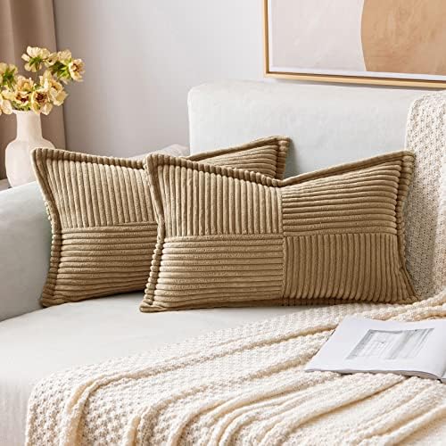 MIULEE Corduroy Pillow Covers with Splicing Set of 2 Super Soft Couch Pillow Covers Broadside Striped Decorative Textured Throw Pillows for Cushion Bed Livingroom 12 x 20 inch, Khaki