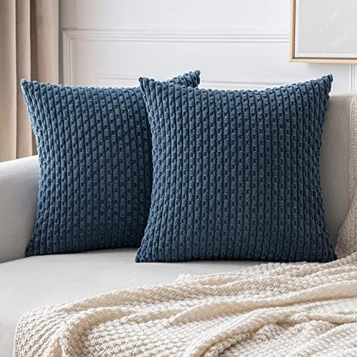 MIULEE Throw Pillow Covers Soft Corduroy Decorative Set of 2 Boho Striped Pillow Covers Pillowcases Farmhouse Home Decor for Couch Bed Sofa Living Room 18x18 Inch Blue